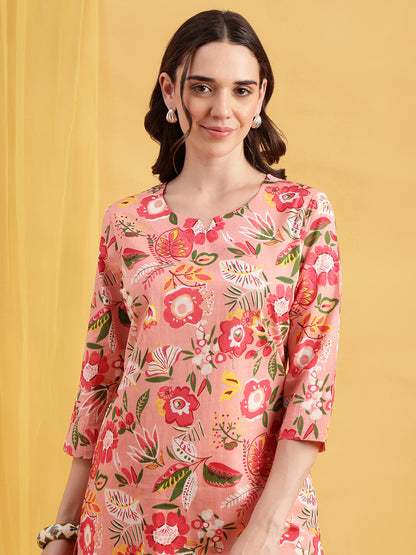 Light Pink Floral Straight Cotton Night Suit