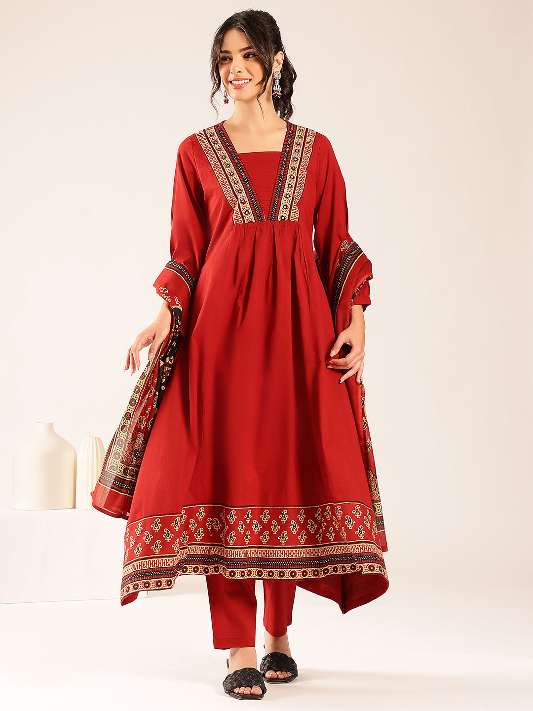 Maroon Yoke Flared Cotton Stitched Kurta Set