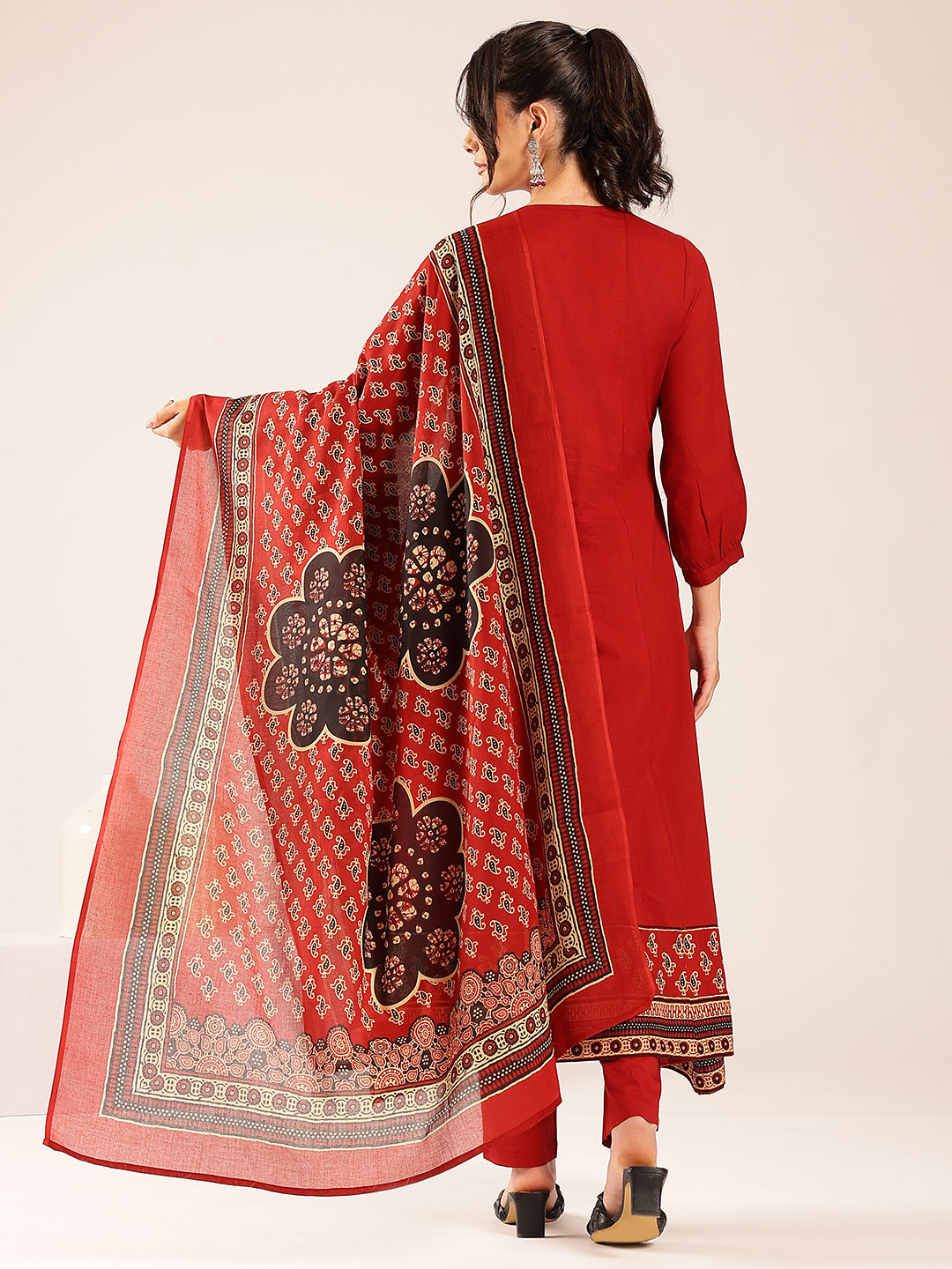 Maroon Yoke Flared Cotton Stitched Kurta Set
