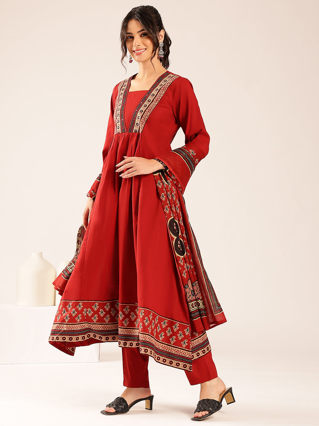 Maroon Yoke Flared Cotton Stitched Kurta Set