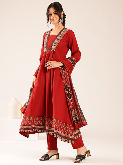 Maroon Yoke Flared Cotton Stitched Kurta Set