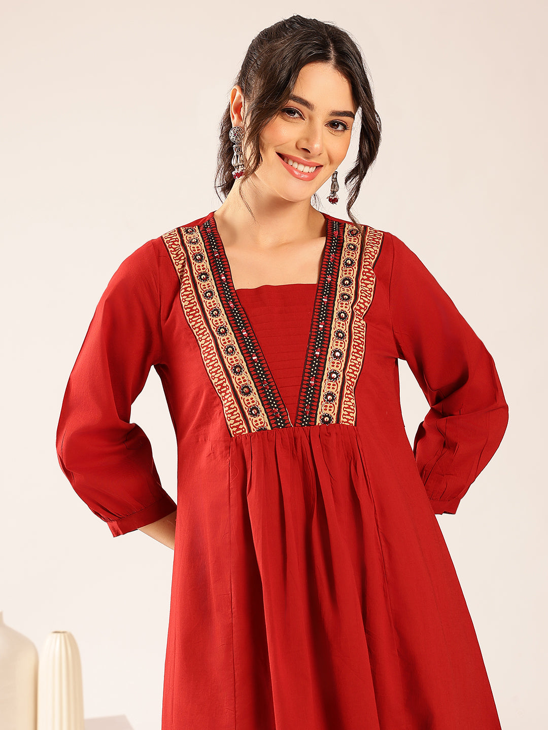 Maroon Yoke Flared Cotton Stitched Kurta Set