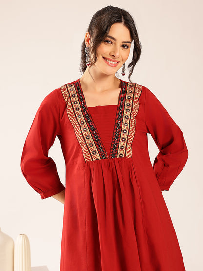 Maroon Yoke Flared Cotton Stitched Kurta Set