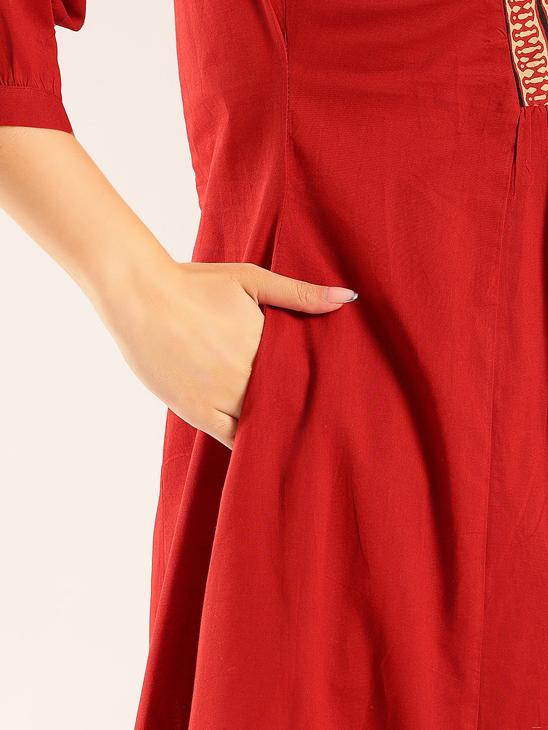 Maroon Yoke Flared Cotton Stitched Kurta Set