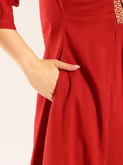 Maroon Yoke Flared Cotton Stitched Kurta Set