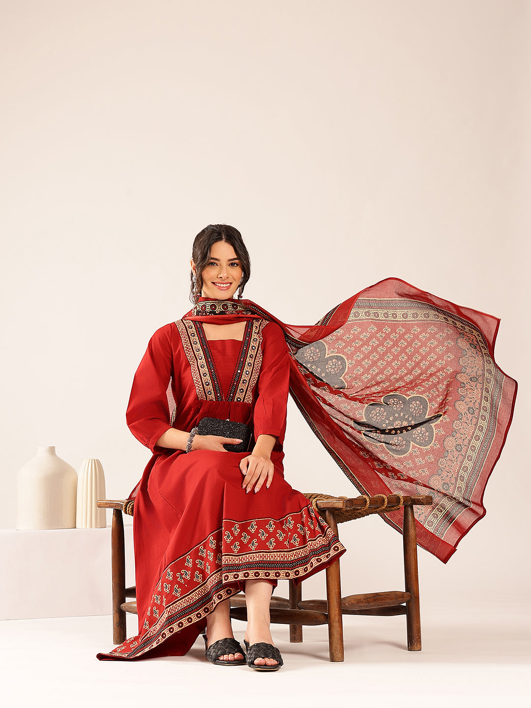 Maroon Yoke Flared Cotton Stitched Kurta Set