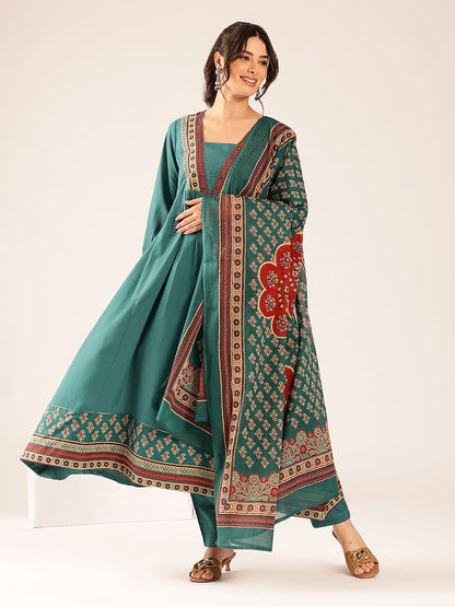 Turquoise Yoke Flared Cotton Stitched Kurta Set