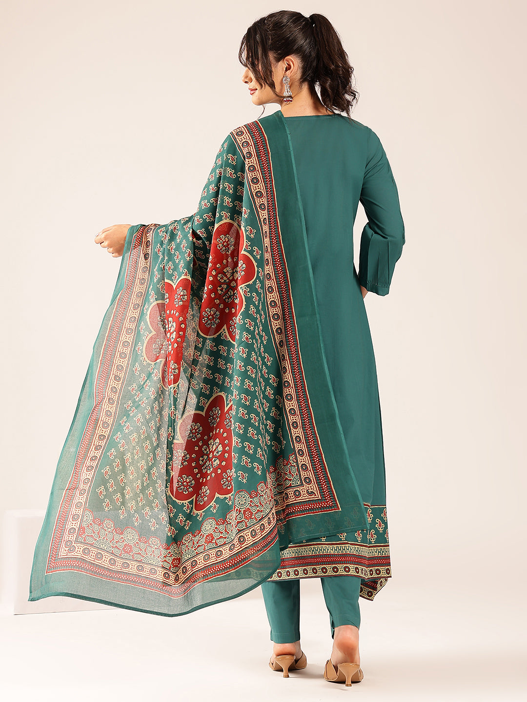 Turquoise Yoke Flared Cotton Stitched Kurta Set