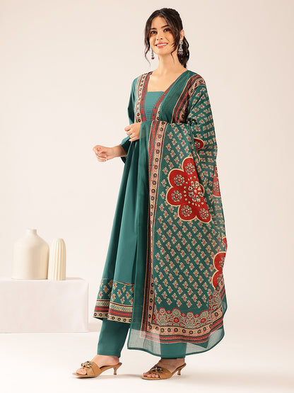 Turquoise Yoke Flared Cotton Stitched Kurta Set