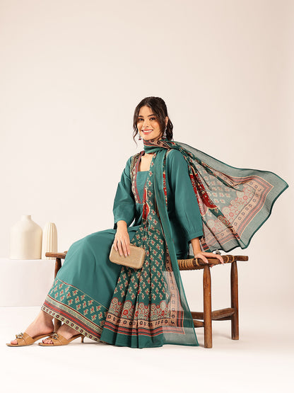 Turquoise Yoke Flared Cotton Stitched Kurta Set