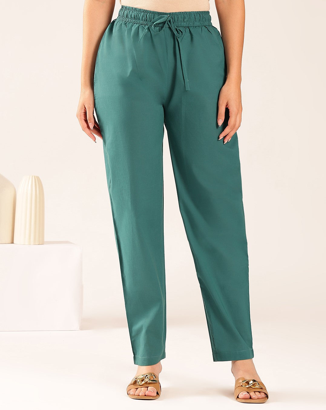 Turquoise Yoke Flared Cotton Stitched Kurta Set
