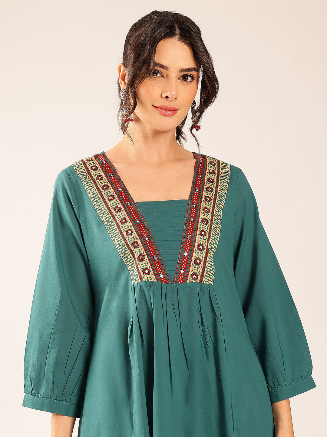 Turquoise Yoke Flared Cotton Stitched Kurta Set