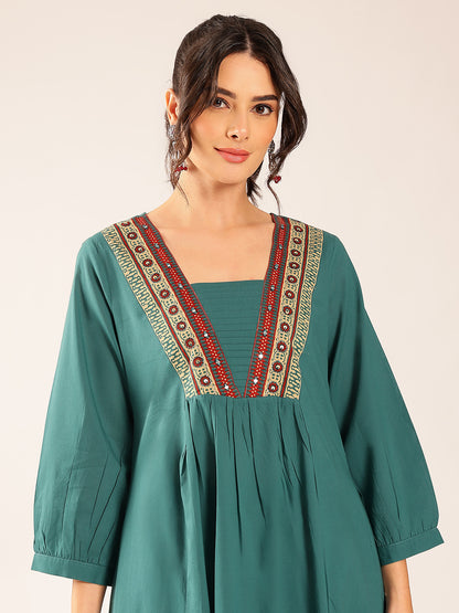 Turquoise Yoke Flared Cotton Stitched Kurta Set