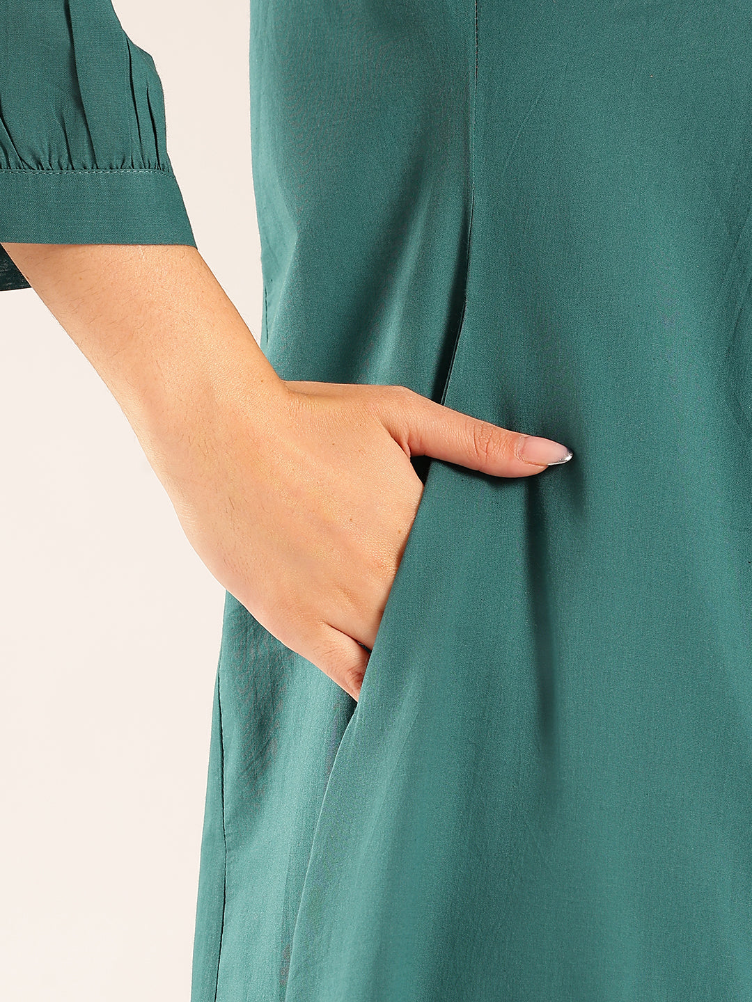 Turquoise Yoke Flared Cotton Stitched Kurta Set