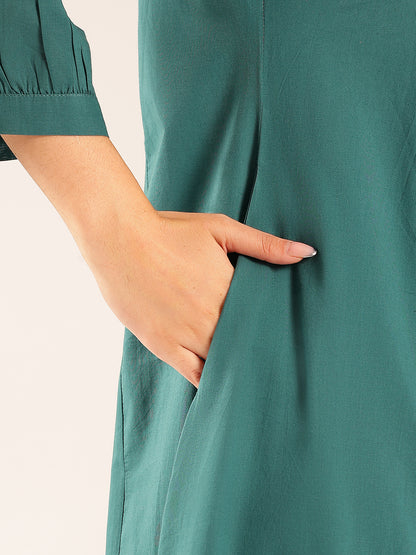 Turquoise Yoke Flared Cotton Stitched Kurta Set