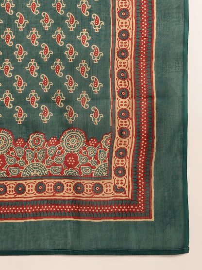 Turquoise Yoke Flared Cotton Stitched Kurta Set