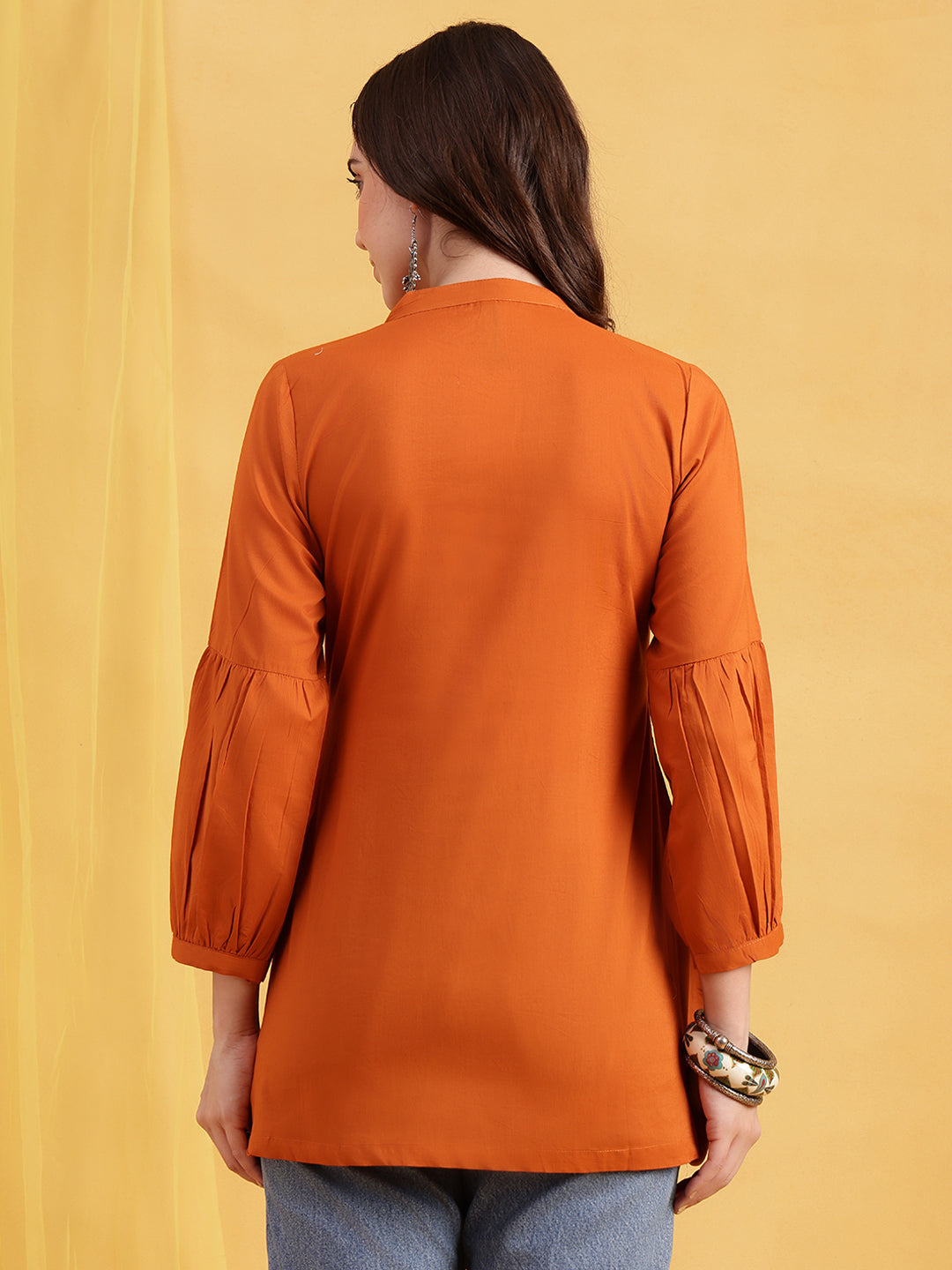 Orange Solid A-Line Cotton Stitched Tunic
