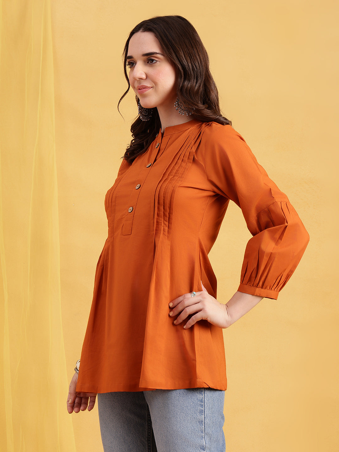 Orange Solid A-Line Cotton Stitched Tunic