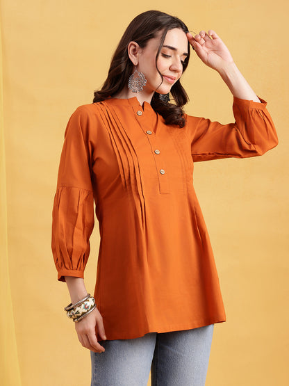 Orange Solid A-Line Cotton Stitched Tunic