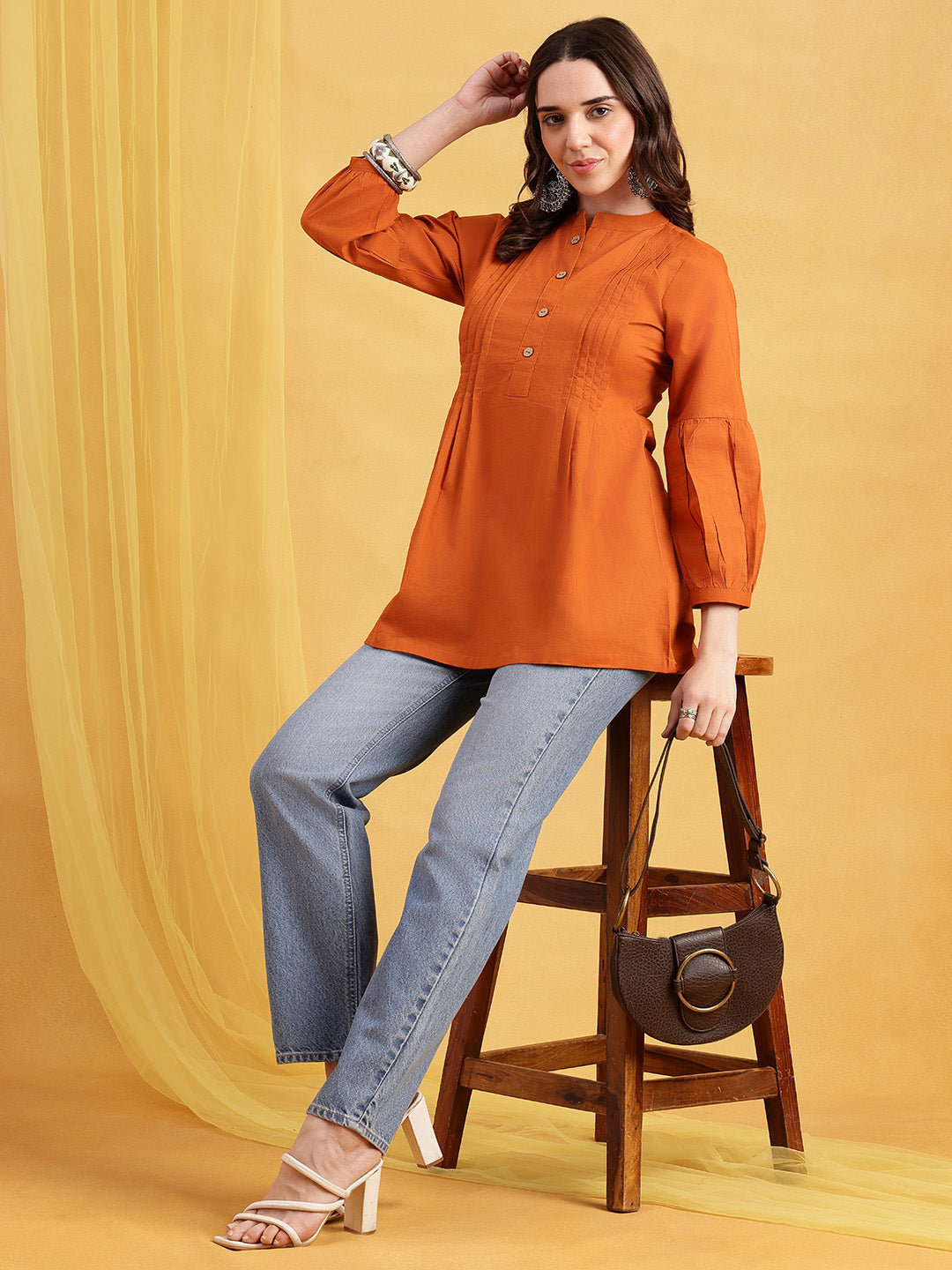 Orange Solid A-Line Cotton Stitched Tunic