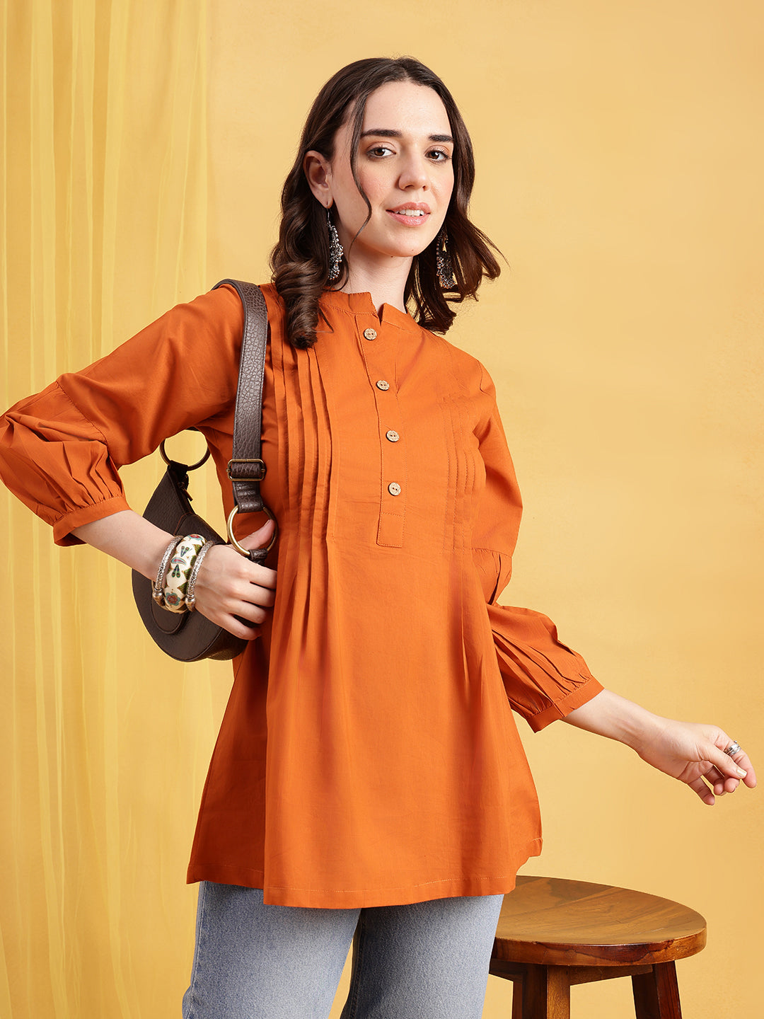 Orange Solid A-Line Cotton Stitched Tunic