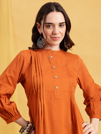Orange Solid A-Line Cotton Stitched Tunic