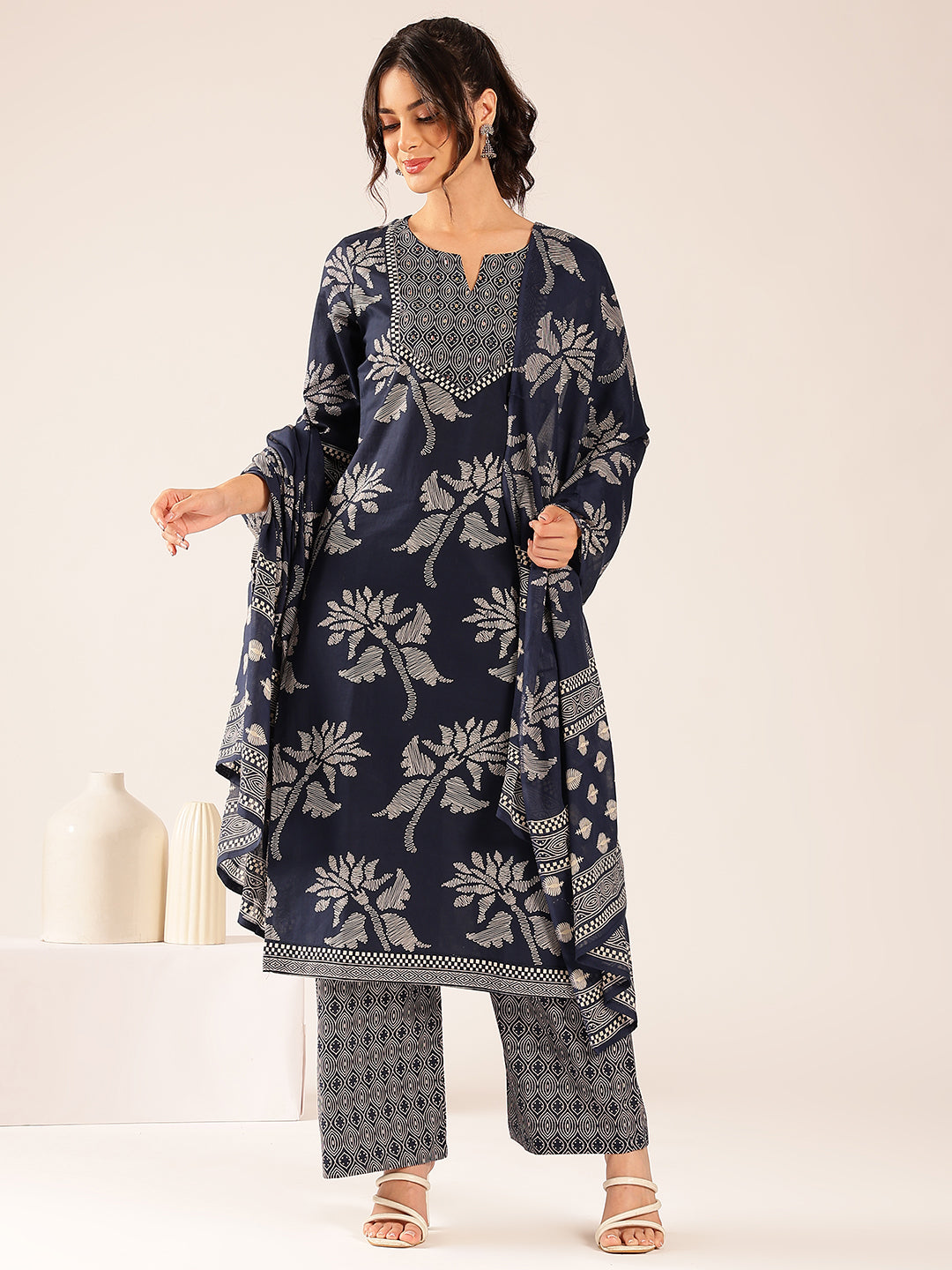 Turquoise Floral Straight Cotton Stitched Kurta Set
