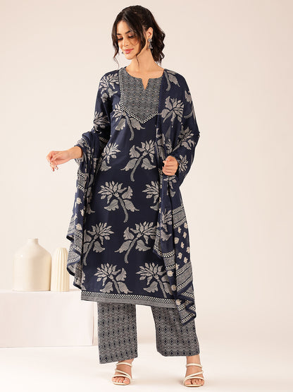 Turquoise Floral Straight Cotton Stitched Kurta Set