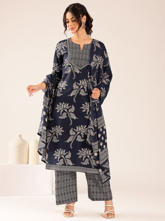 Turquoise Floral Straight Cotton Stitched Kurta Set