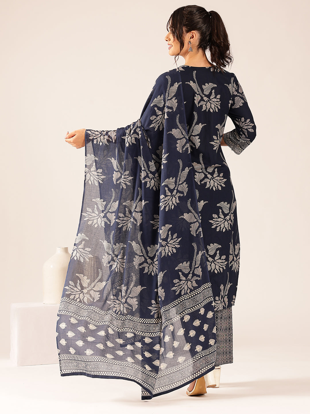 Turquoise Floral Straight Cotton Stitched Kurta Set
