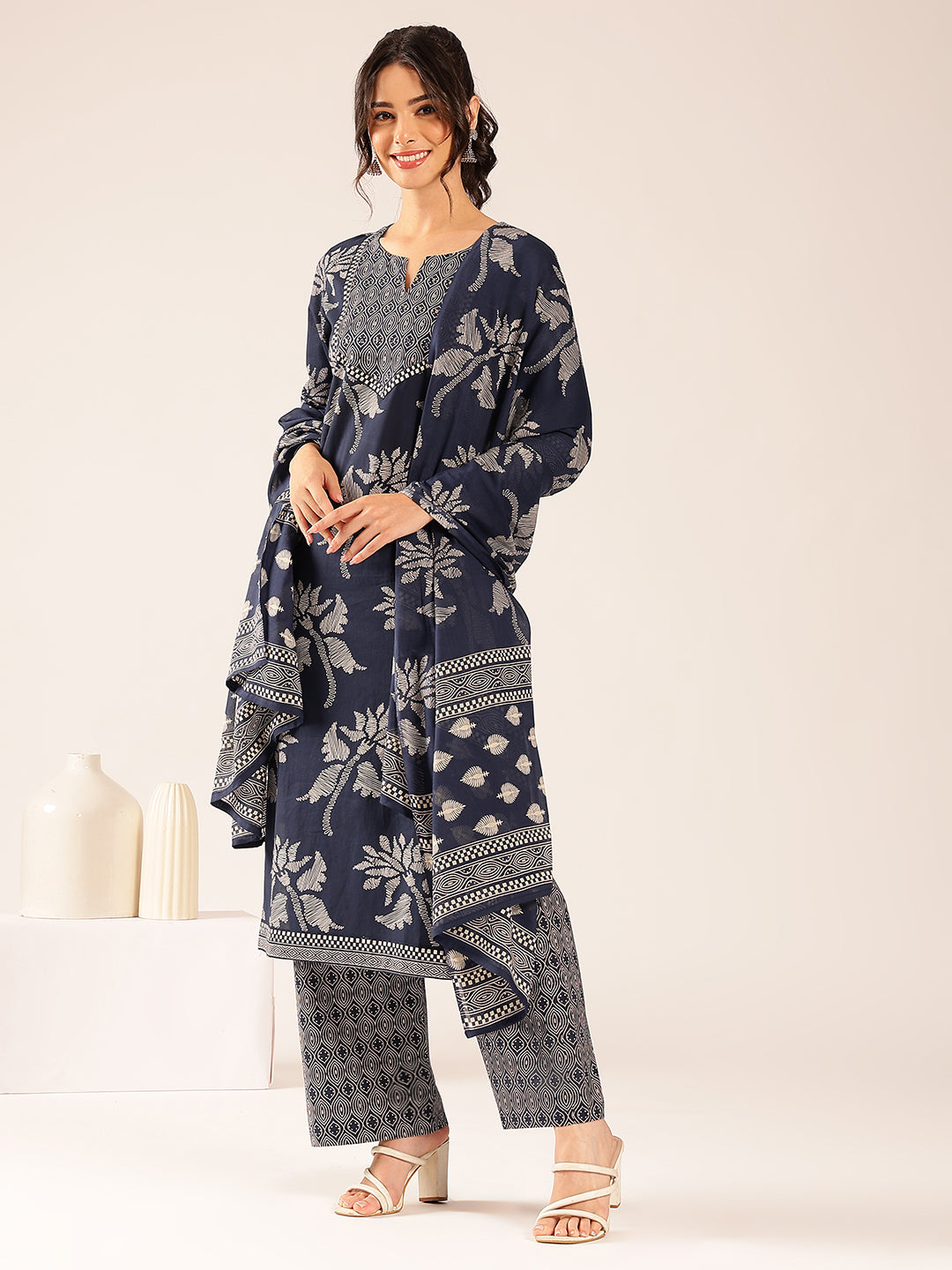 Turquoise Floral Straight Cotton Stitched Kurta Set