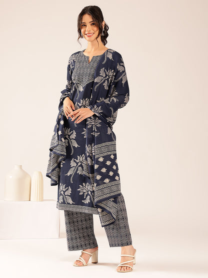 Turquoise Floral Straight Cotton Stitched Kurta Set