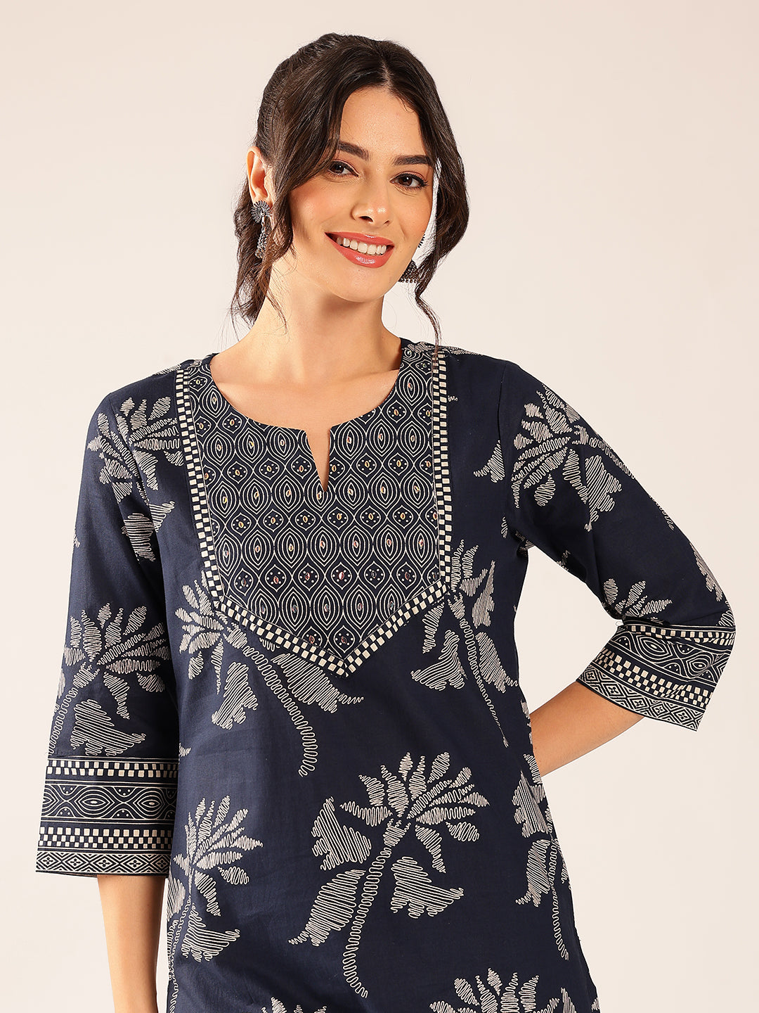 Turquoise Floral Straight Cotton Stitched Kurta Set