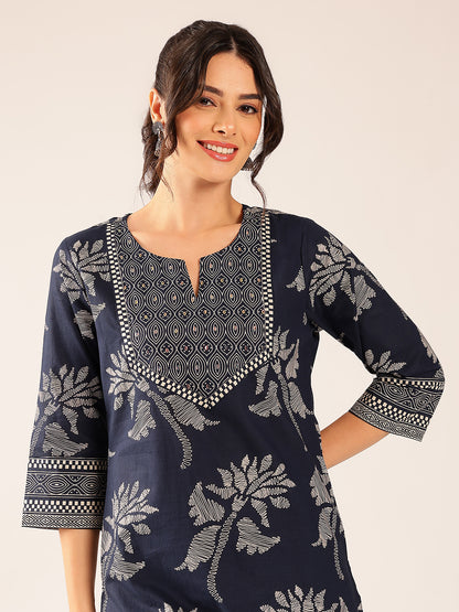 Turquoise Floral Straight Cotton Stitched Kurta Set