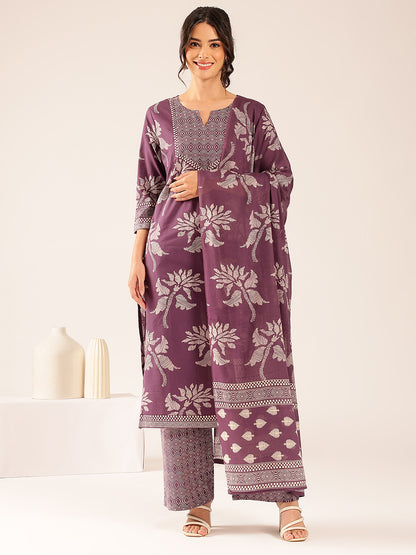 Lavender Floral Straight Cotton Stitched Kurta Set
