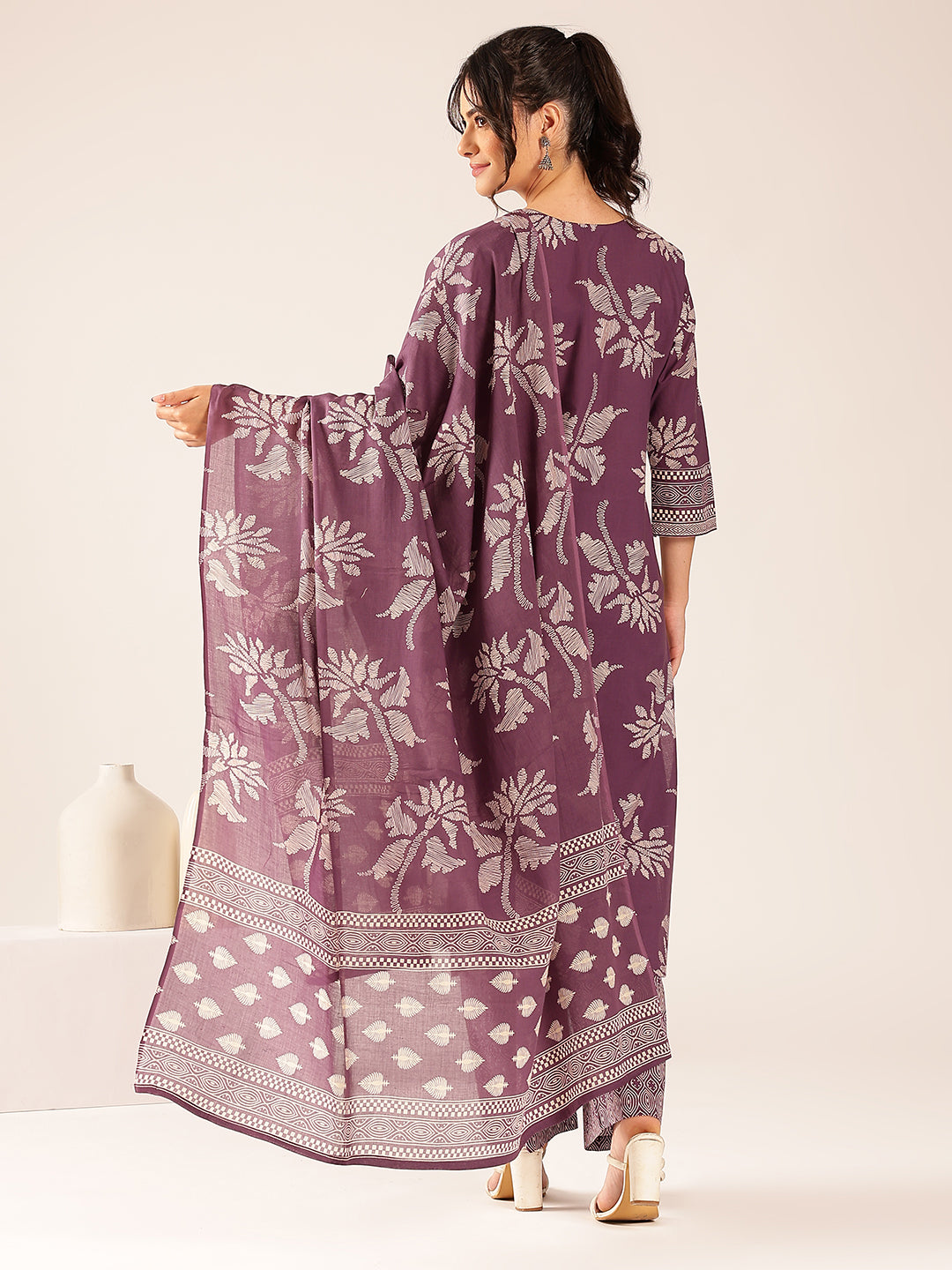 Lavender Floral Straight Cotton Stitched Kurta Set