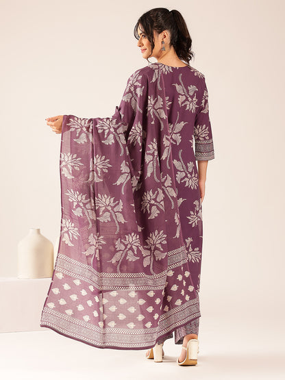 Lavender Floral Straight Cotton Stitched Kurta Set