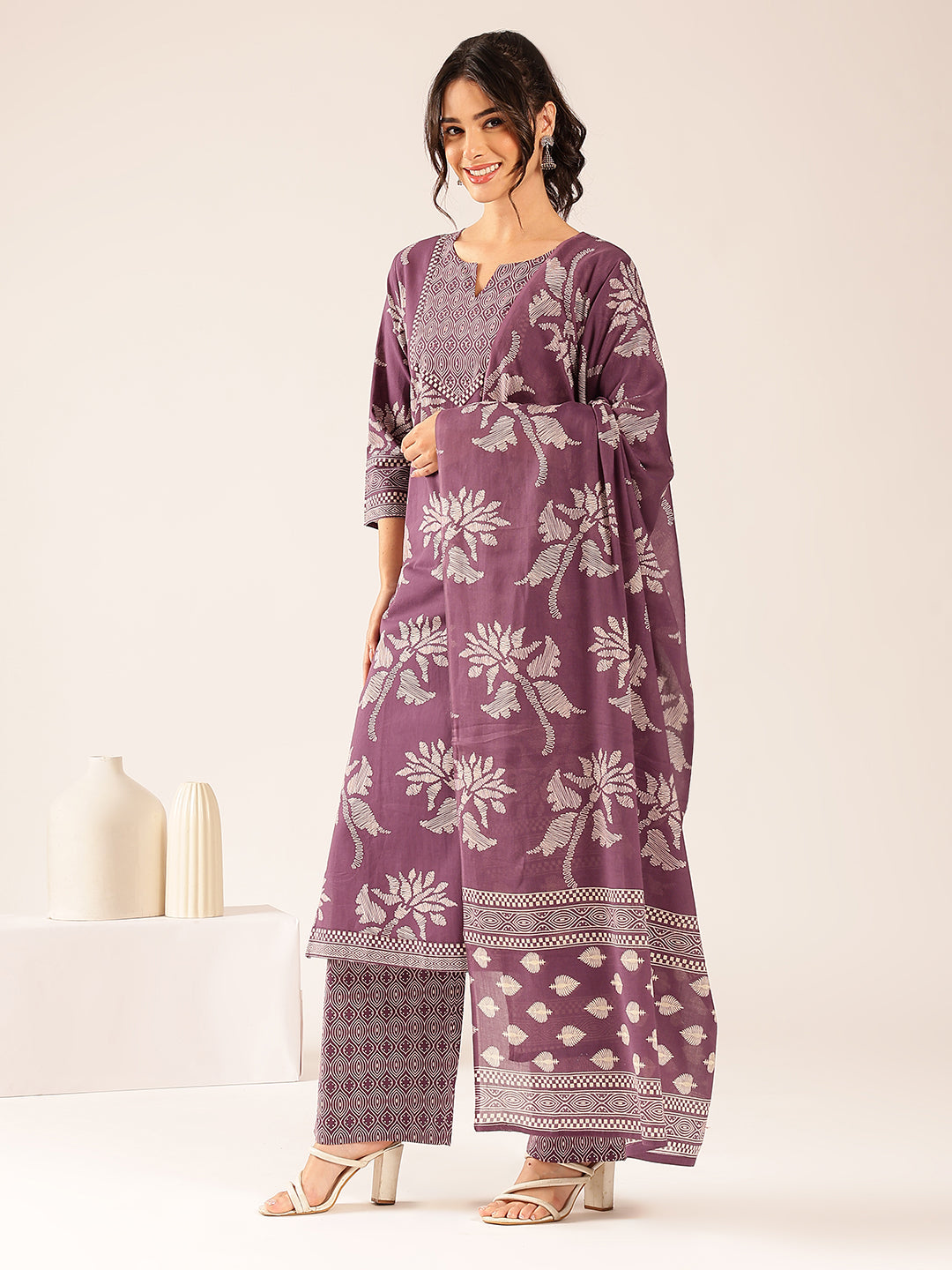 Lavender Floral Straight Cotton Stitched Kurta Set