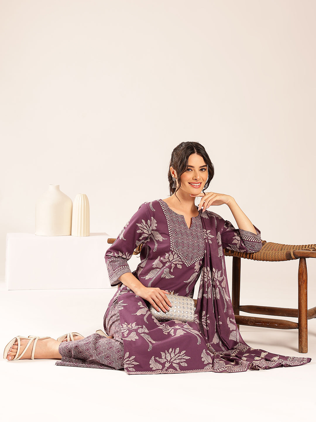 Lavender Floral Straight Cotton Stitched Kurta Set