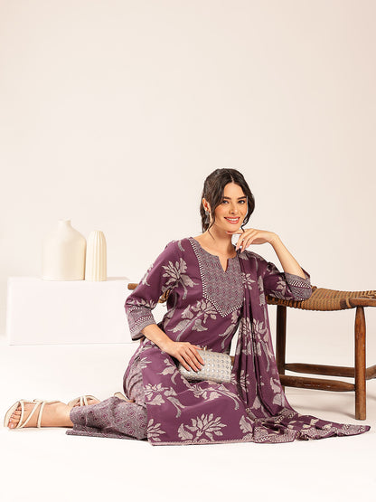 Lavender Floral Straight Cotton Stitched Kurta Set