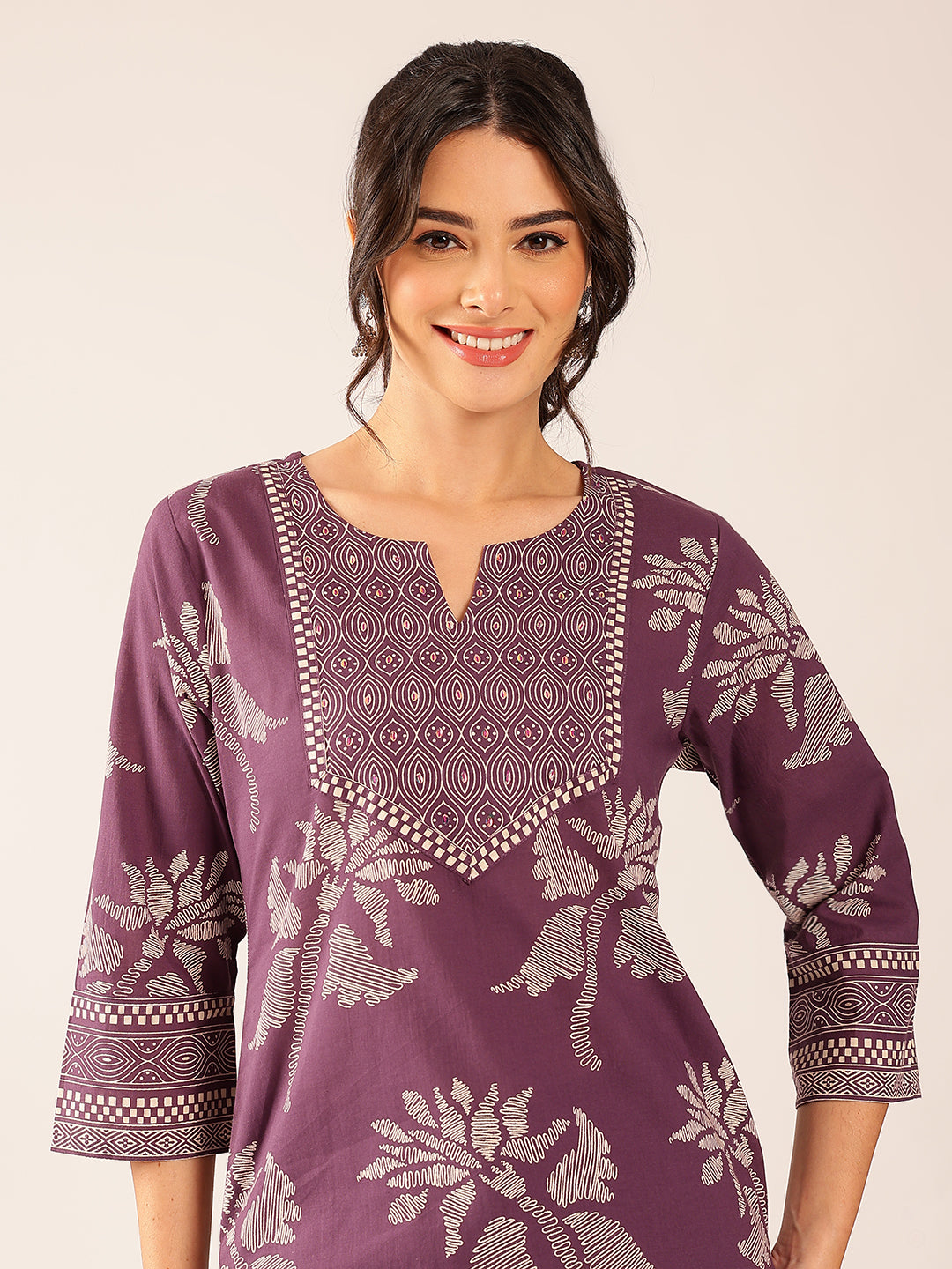 Lavender Floral Straight Cotton Stitched Kurta Set