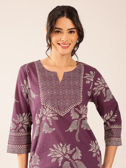 Lavender Floral Straight Cotton Stitched Kurta Set