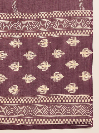 Lavender Floral Straight Cotton Stitched Kurta Set