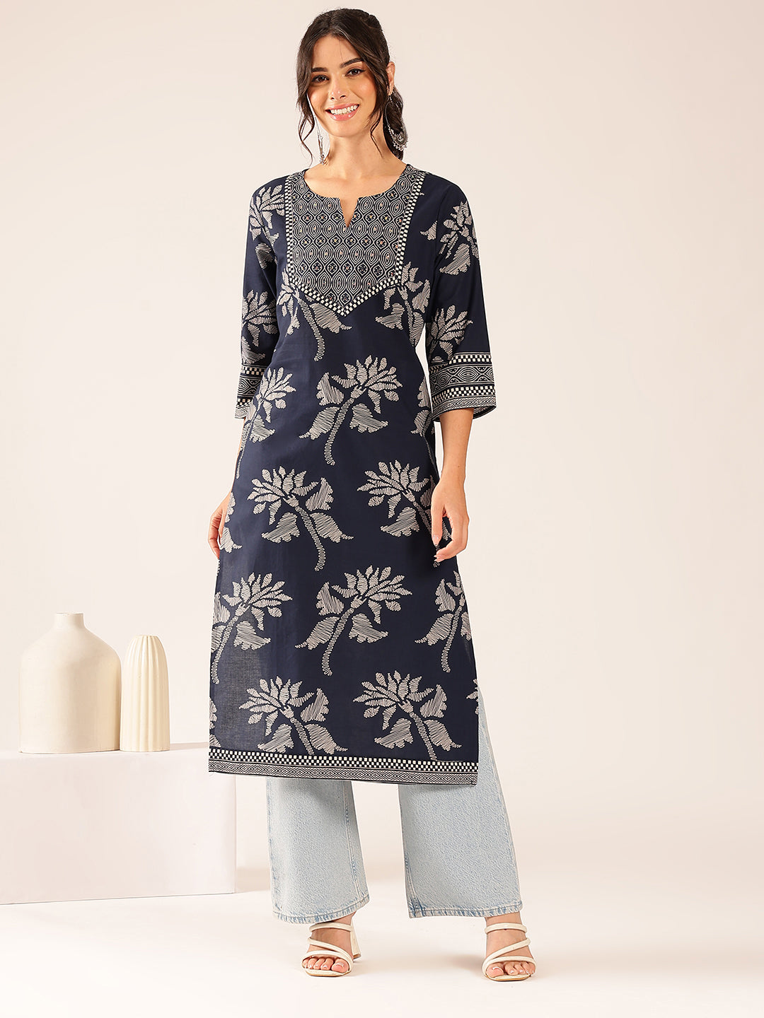 Turquoise Floral Straight Cotton Stitched Kurta