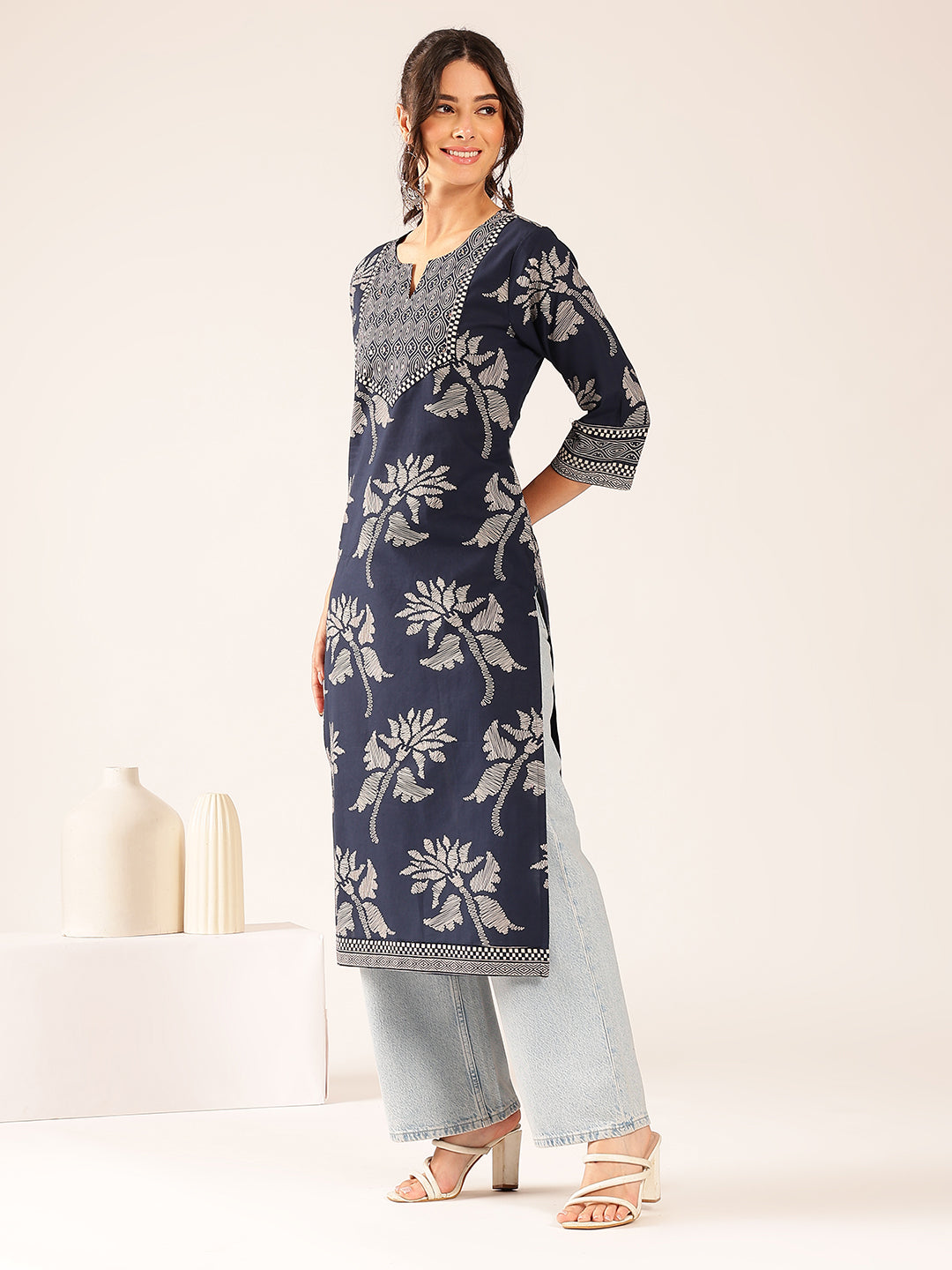 Turquoise Floral Straight Cotton Stitched Kurta