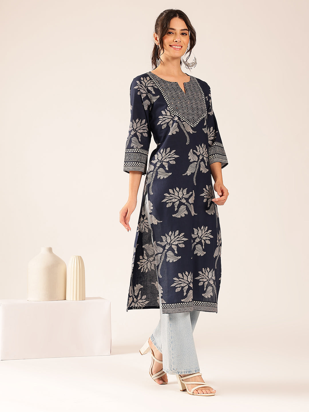 Turquoise Floral Straight Cotton Stitched Kurta
