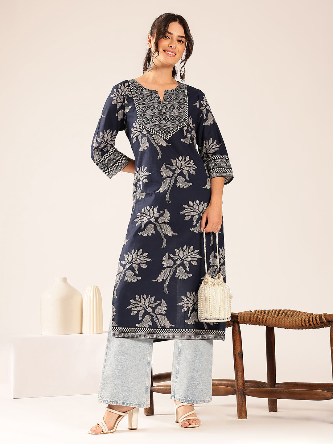 Turquoise Floral Straight Cotton Stitched Kurta