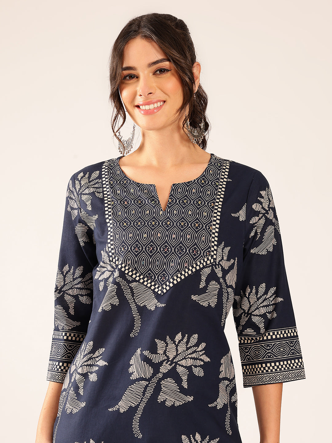 Turquoise Floral Straight Cotton Stitched Kurta
