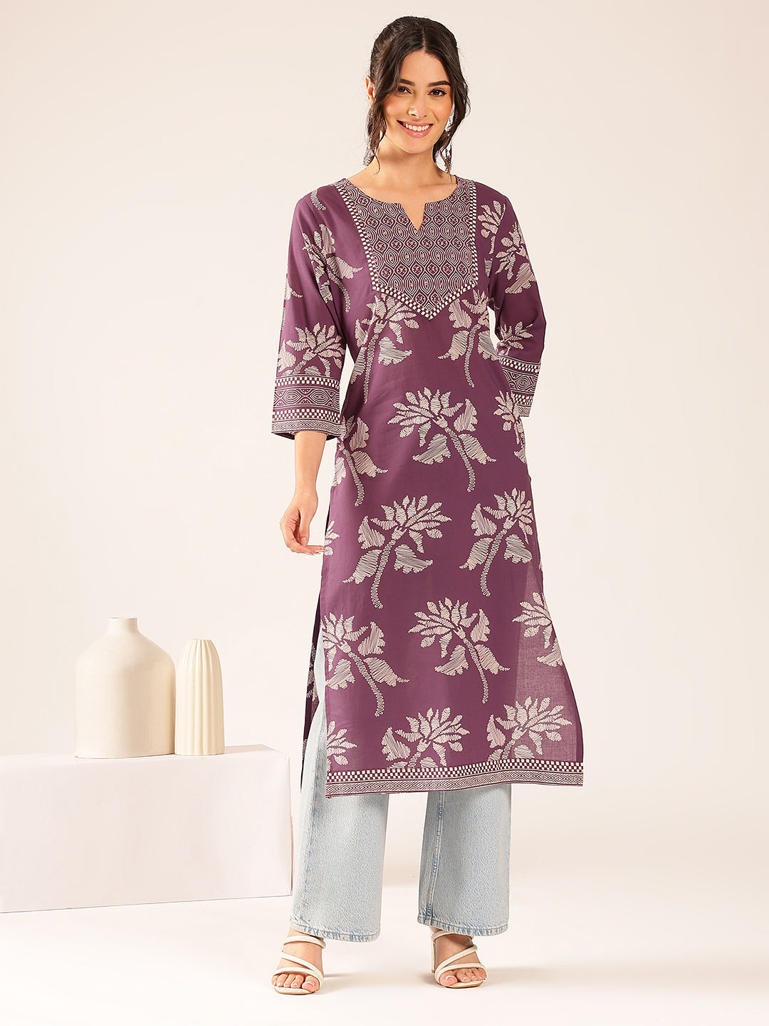 Lavender Floral Straight Cotton Stitched Kurta