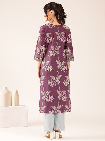 Lavender Floral Straight Cotton Stitched Kurta